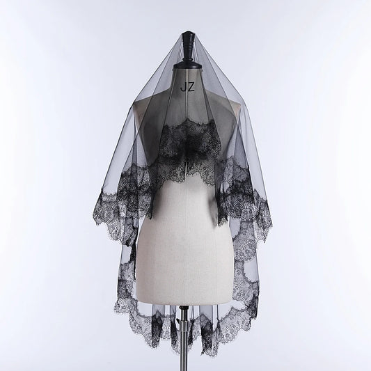 New Arrival Bride Veils One-Layer Women Girl Black Mantilla Wedding Veil Lace Trim Halloween Cosplay Costume Bride Boda 2025