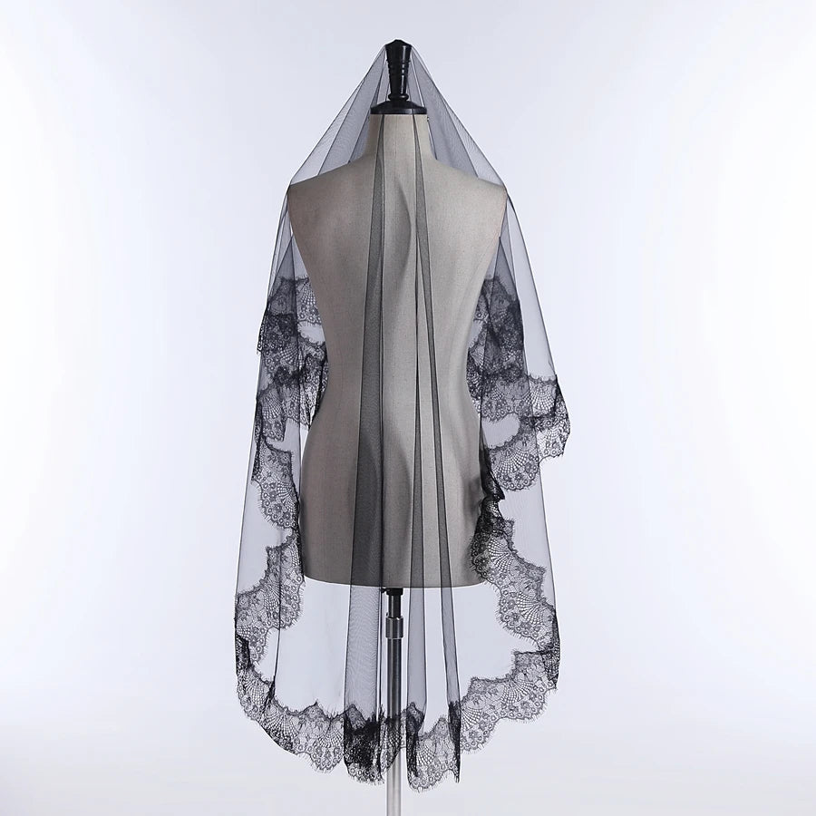 New Arrival Bride Veils One-Layer Women Girl Black Mantilla Wedding Veil Lace Trim Halloween Cosplay Costume Bride Boda 2025