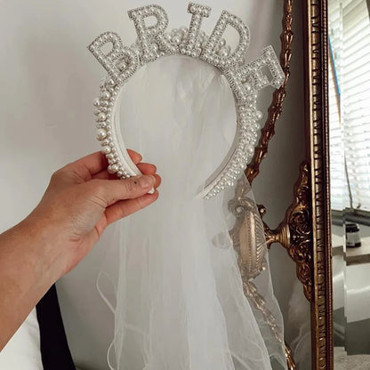 White Bride Headband Pearl Crown with Veil Bride To Be Wedding Decoration Bridal Shower Gift Bachelorette Hen Party Supplies