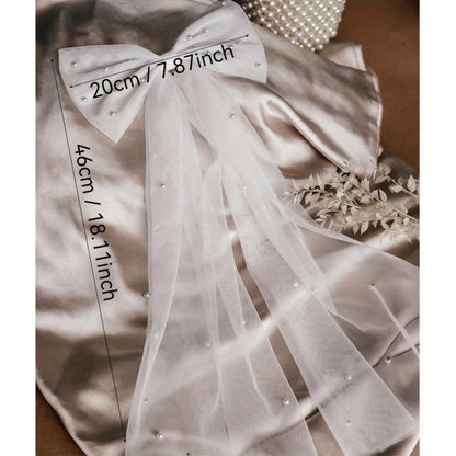 Elegant Bridal Bow Veil with Imitation Pearls White Tulle Clip-on Wedding Accessories