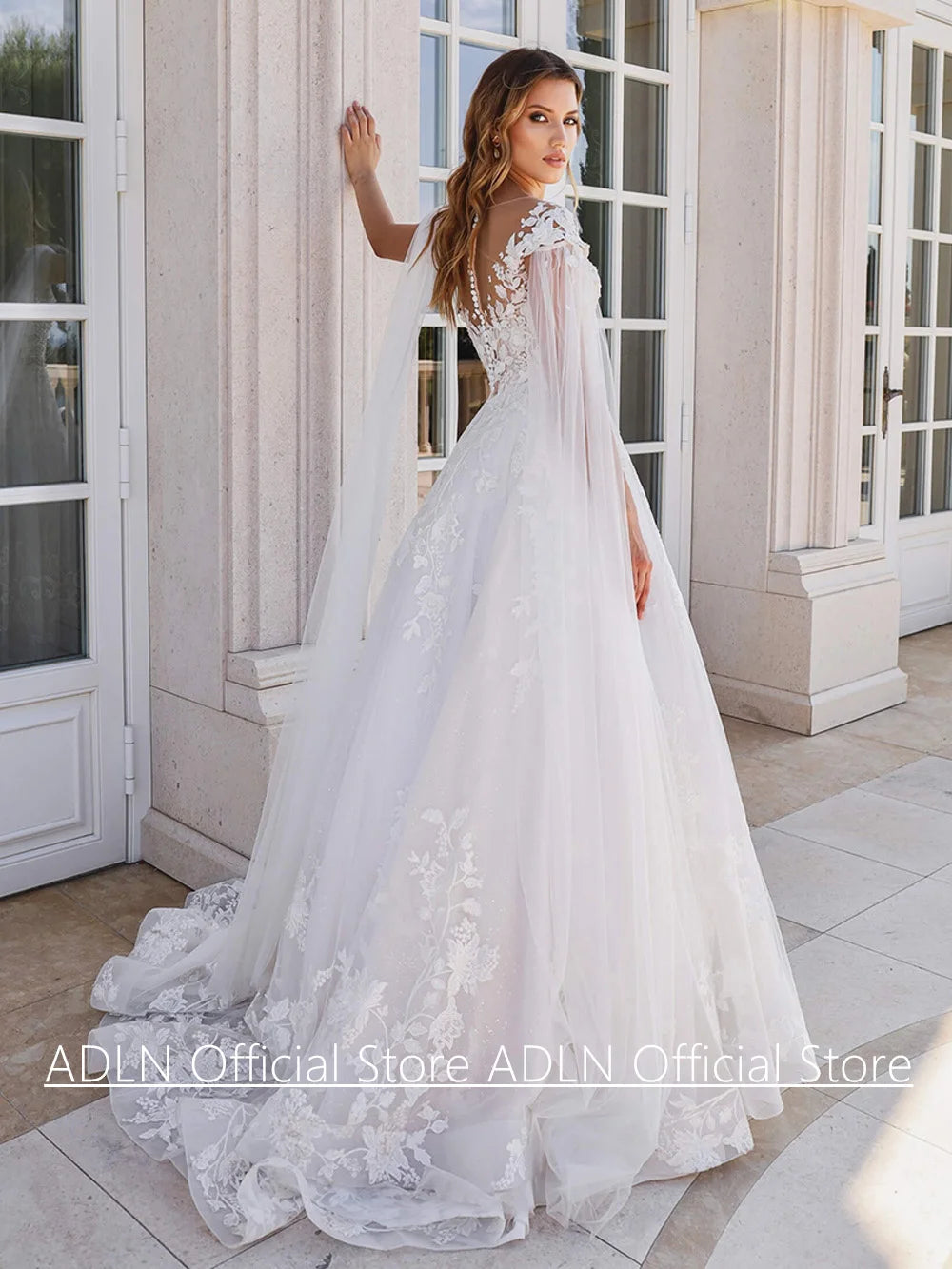 New Wedding Dress with Sleeve Cape Customized Cap Sleeve Scoop Neck A Line Lace Bridal Gown Sweep Train Glitter Bride Dresses
