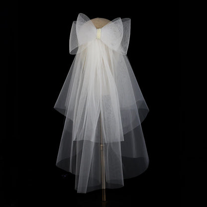 V302 White Bridal Veil with a bow Pearls Bows Multi-Layer Semi-Transparent Tulle Shoulder Length Brides Veil with Hair Comb