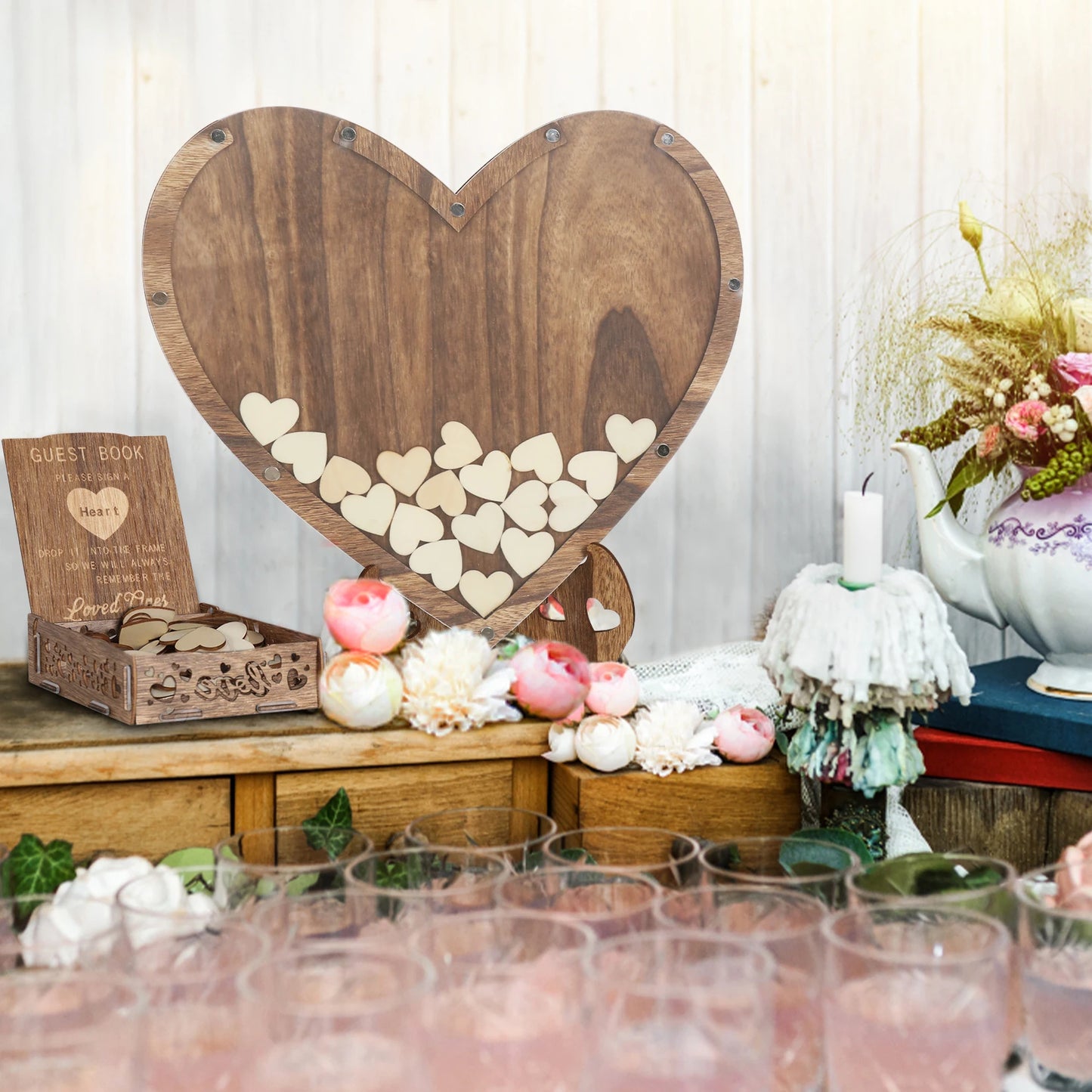 Wedding Guest Book Wooden 88pcs Heart-shaped Bracket Pastoral Wedding Storage Box Birthday Message Carving Carbonized Wood