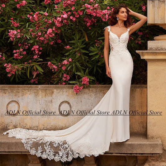 ADLN Vestido De Noiva Wedding Dress Mermaid Customized Cap Sleeve V Neck Applique Illusion Back Buttons Court Train Bridal Gowns