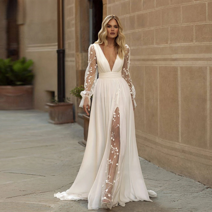 ANGEL Elegant A-Line Wedding Dresses Women Customized Lace Long Sleeve V-Neck Split Bridal Gowns Sweep Train Vestidos De Novia